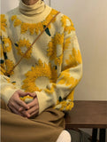 Lasamu Loose O-Neck Sunflower Pattern Warm Sweater
