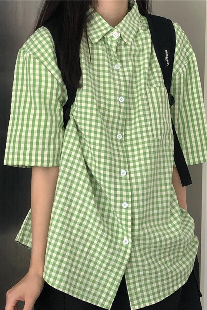 Lasamu Short Sleeve Green Plaid Colors Blouse Shirt